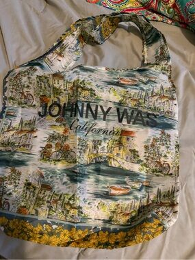 Johnny Was Scenic Print Tote in Teal, Yellow and Green